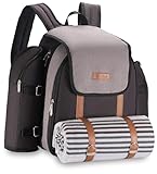VonShef Picnic Backpack, 4 Person Grey Picnic Bag with Full Dining & Cutlery Set, Insulated Cooler Compartment & Large Waterproof Picnic Blanket, Lightweight Water Resistant Camping Accessories