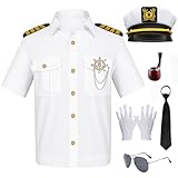 Mprocen Captain Costume Captain Shirt Captain Sailor Costume with Navy hat Pipe Sunglasses Tie Gold Anchor Pin Gloves Men Fancy Dress Costumes