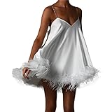 Women Sleeveless Feather Hem Long Dress, Backless Irregular Feather Patchwork Slim Fit Low Cut Bodycon Dress for Party Cocktail (White Swing, S)