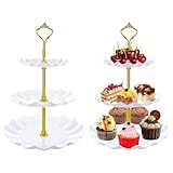ASelected 2 Pcs Large 3 Tier Cupcake Stand, White Round Cake Display Stand 34cm Height Plastic Cake Stand Afternoon Tea Stands Reusable Food Serving Platter Stand for Birthday, Wedding, Party