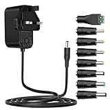 Tonton 12V DC Power Supply Adapter 3M(10ft),1A 12W AC/DC Adapter Cord, Power Plug DC 5.5x2.1mm Male with 8 Tips for LED Strip Light, CCTV Camera, BT Speaker, GPS, Webcam, Router, UL/CE/FCC Certified