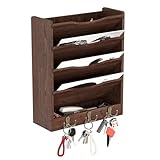 Senhoglb 5 Tier Hanging Wall File Holders Letter Size Wall File Organiser Wood Mail Organiser with 6 Hooks, Brown