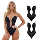 Fiohiros Strapless Shapewear Bodysuit for Women Tummy Control,Waist Tightening Clear Bra Straps with Deep V-Neck Backless Bra for Parties,Homewear (Black, S)
