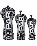 Golf Club Head covers Wood Set 3 PACKS 1FH DR FW UT for Driver Fairway Hybrid with No.Tag Elastic Closure Black PU Leather White PAR Pattern