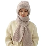 Geagodelia Women's Hat and Scarf Combined Set Ladies Fluffy Balaclava Knitted Hooded Scarf Integrated Ear Protection Windproof Cap Scarf 2 in 1 Cold Weather Set Winter (Beige)