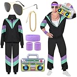 1980s Fancy Dress Men Shell Suit 80 90s Fancy Dress Costumes for Men's Women Adult Retro Rave Scouser Stag Do Outfit 80s Costume Dress up Men 80s Tracksuit Black Jackets Pants Accessories (M)