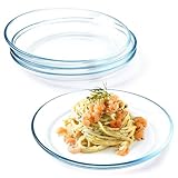 NUTRIUPS 25x2.8cm Glass Pie Plate for Baking, Clear Tempered Glass Tart Flan Plates, 4-Piece Glass Serving Dinnerware for Pasta, Salad, Oven- Proof Dishwasher & Microwave Safe