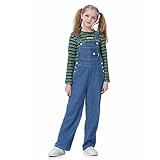 Rolanko Girls Jeans Bib Overalls, Baggy Denim Dungarees Jumpsuit for Big Kids, Blue Button, Tag Size:160