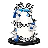 Blumomon 42Pcs Blue Racing Birthday Cake Toppers Ball Cake Topper Grid Flag Tire Birthday Cake Decoration Baby Shower Party Racing Theme Decoration Supplies