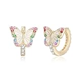 EVER FAITH Butterfly Earrings for Women Girls Hypoallergenic Colorful CZ 14K Gold Plated Insect Animal Huggie Hoop Earring Small Tiny Hoops