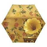 Amooorous 90s Retro Memories Gramophone Yellow UV50+ automatic umbrella heavy rain wind Pop Up serviceable Premium Grip, Fits Car & Backpack auto open (prop1)