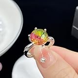 7 Colour Rings for Women 925 Sterling Silver Rings Roundness Ring,Imitation Watermelon Color Tourmaline Open Ring Female Fireworks Cut Fashion Ring