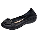 Jamron Women Genuine Leather Comfort Shoes Soft Sole Ballerinas Low Wedge Heel Slippers Black SN020624 UK7