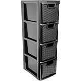 ALEEZ - 4 Drawer Storage Unit - Rattan Effect Plastic Tower Unit - Home Office Desktop Organizer - Cosmetic, stationery, Craft Table Top Drawer - Multipurpose Storage Solution (Black, 4 Drawer)