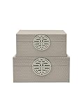 VANITY LIVING Set of 2 Grey Faux Leather Jewellery Boxes for Decor, Trinket Metal Decorative Storage Boxes with Silver Handles for Dressing Table