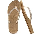 KuaiLu Women's Rhinestone Flip Flops with Comfort Arch Support Yoga Mat Cushion Sandals Fashion Summer Beach Pool Travel Orthotic Walking Thong Sandles Slip on Plantar Fasciitis Beige 6