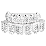 HEALLILY Teeth Grills Set Silver Plated Teeth Grillz Rhinestone Teeth Hip Hop Caps Lower and Upper Tooth Teeth Brace