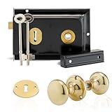 XFORT Premium Range 6"x 4" Traditional Black Rim Lock Set with Polished Brass Rim Knob, Surface Door Lock with Latch, Shed Lock with Key, Vintage Garden Gate Lock, for External Sheds, Gate or Doors