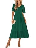IFFEI Women Summer Maxi Dresses V Neck Chiffon Ruffle Sleeve Swiss Dots A-Line Dress Stretchy High Waist Flowy Wedding guest Dress Ladies Dresses