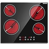 Karinear Ceramic Hob, Electric Hob 60cm Built-in 4 Zones with Safe Lock, Timer, Touch Control 6000W, Hard Wired, No Plug Included