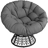 Yaheetech Rattan Papasan Moon Chair with Pads Soft Cushion, 360° Swivel Oversized Round Comfy Reading Armchairs Lounger for Living Room/Indoor/Outdoor, Grey