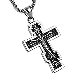 HZMAN Orthodox Cross Necklace for Men Stainless Steel Vintage Crucifix Cross Pendant Necklace Jewelry Gift (Silver)