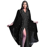IWEMEK Women Open Front Loose Fit Batwing Long Sleeve Abaya Dubai Kaftan Turkish Muslim Hijab Dress Cardigan Chiffon Hooded African Evening Dresses Hot Drilling Maxi Kimono Robe Black 03 One Size