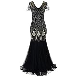 Odizli Women Vintage 1920s Flapper Gatsby Fancy Dress V Neck Art Deco Sequin Fringed Beaded Mermaid Hem Cocktail Evening Dance Party Long Maxi Prom Ball Gown with Sleeve Plus Size Black + Gold Large