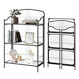 No Assembly Bookshelves, 3 Tier Classic Black Folding Book Shelf, Foldable Bookcase with Glass Shelf, Small Collapsible Display Case Storage Organizer for Bedroom, Living Room
