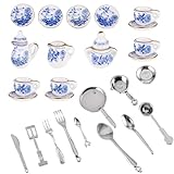 Xinjieda 26 Pcs 1:12 Dolls House Accessories 15 Porcelain Miniature Tea Set with 11 Plastic Mini Dolls Plates Knife Fork Spoon Dollhouse Miniatures Kitchen Accessory Floral Style Dollhouse Accessories