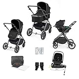 Ickle Bubba Cosmo 9 Piece Travel System with i-Size Nimbus Car Seat & 180° Spin ISOFIX Base – Birth to 22kg (Approx. 4 Years), Convertible Pram & Pushchair (Black/Black)