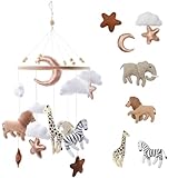 Coriver Wooden Baby Mobile - Chime for Bed with Felt Balls, Crib with Moon Cloud Pendant Animal Hanging Arm Decoration Bell