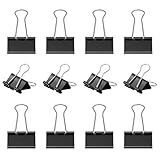12 Pcs Binder Clips, 51mm Large Black Metal Foldback Clips, Large Bulldog Clips Metal Foldback Clamps Black Stationery File Money Paper Clamps Binder Clip for School
