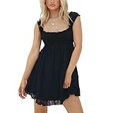 Women Ruffle Mini Dress Lace Strap Square Neck Babydoll ShortDress Sleeveless Flowy Mini Dress Y2K Swing Sundress (Black, S)