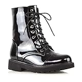 Womens Lace Up Ankle Boots Chunky Grip Sole Ladies Winter Retro Combat Goth Biker Military Army Shoes Booties Size 3-8 Black Patent