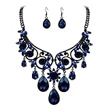 Clearine Halloween Costume Jewellery Diamante Crystal Gemstone Tribal Ethnic Chunky Wedding Bridal Statement Necklace Dangle Earrings Set for Women Sapphire Black-Tone