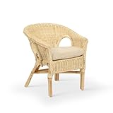 Desser Indoor Kids Wicker Loom Chair in Natural with Cloud Cushion – Fully Assembled Rattan Hand Crafted Cane – Children's Chair for Bathroom, Bedroom, Garden – H49.5 x W43 x D37cm, Floor to Seat 36cm
