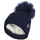 RockJock Ladies Warm Chunky Diamond Cable Knit Hat with Thermal Teddy Fleece Lining and Detachable Faux Fur Pompom-Navy