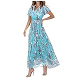 Women's Chiffon Floral Maxi Dress - Summer Elegant Boho Long Flowy Dresses Ruffle Sleeves V Neck Vacation Beach Outfit Wedding Guest Engagement Cocktail Party