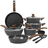 Kitchen Academy Induction Hob Pots and Pans Set - 12 Piece Cooking Pans Set, Black Granite Kitchen Cookware Set,Nonstick Saucepan Set PFOS & PFOA Free
