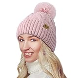 BLURBE Winter Hats for Women - Warm Knitted Bobble Hat Fleece Lined Thermal Beanie Hats Ladies Soft Ski Cuff Cap with Pom Pom Pink