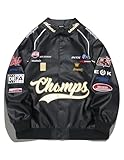Vamtac Faux Leather Motocross Jackets Oversized Vintage Racing Varsity Bomber Coat Unisex Trendy Streetwear, Black, S