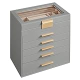 SONGMICS Jewellery Box with Glass Lid, 6-Layer Jewellery Storage Organiser with 5 Drawers, Plenty of Storage, Modern, Gift Idea, 16.3 x 25.1 x 29 cm, Dove Grey and Gold Colour JBC171G01