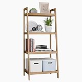 SMIBUY Bamboo Ladder Bookcase, Bathroom Storage Rack Organizer, 4 Tier and 5 Tier Freestanding Plant Display Stand Space Saver Shelves for Bedroom, Balcony (Natural, 4 Tiers (99cm H))