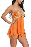 ONGASOFT Women Sexy Lingerie Sets Front Open Closure V Neck Lace Babydoll Sleepwear Dress With G-String, Orange