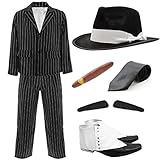 Adults Gangster Costume – XL - Black and White Gangster Pinstripe Suit Jacket, Pinstripe Suit Trousers, Black Fedora White Band, Fake Cigar, Spiv Tash, Black Tie and Spats – 1920's Film & TV Fancy Dress Costume