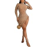 sunongvt Women's Sexy Hot Drilling Party Dress Long Sleeve Irregular Feather Hem See Through Bodycon Mini Dress for Night Cocktail Club,Apricot,S
