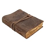 moonster Vintage Leather Journal – Handmade Leather Bound Notebook for Journaling with 240 Pages Tree-Free Cotton Deckle Edge Paper – Blank Antique Travel Book, Sketch Pad, Diary, Sketchbook - 7x5