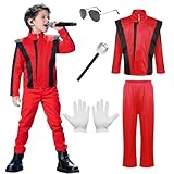 Antsparty Dancer Rocker Star Costume for Adult Kids, 80s Pop Costume Set with Red Jacket and Trousers Glove Glasses, King of Pop Fancy Dress, Halloween Cosplay Role Playing