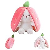 Winnsell Bunny Toy for Kids, Hide And Seek Bunny Plush Toy Reversible Strawberry Rabbit Pillow with Zipper,Wrapped In Strawberries Plush Toy Floppy Ear Soft Stuffed Dolls Gift for Boys Girls